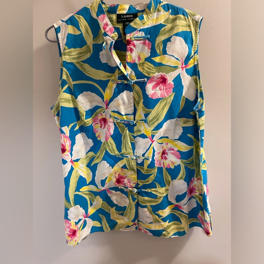 Ralph Lauren Tropical  Blue Sleeveless Mandarin Collar Blouse